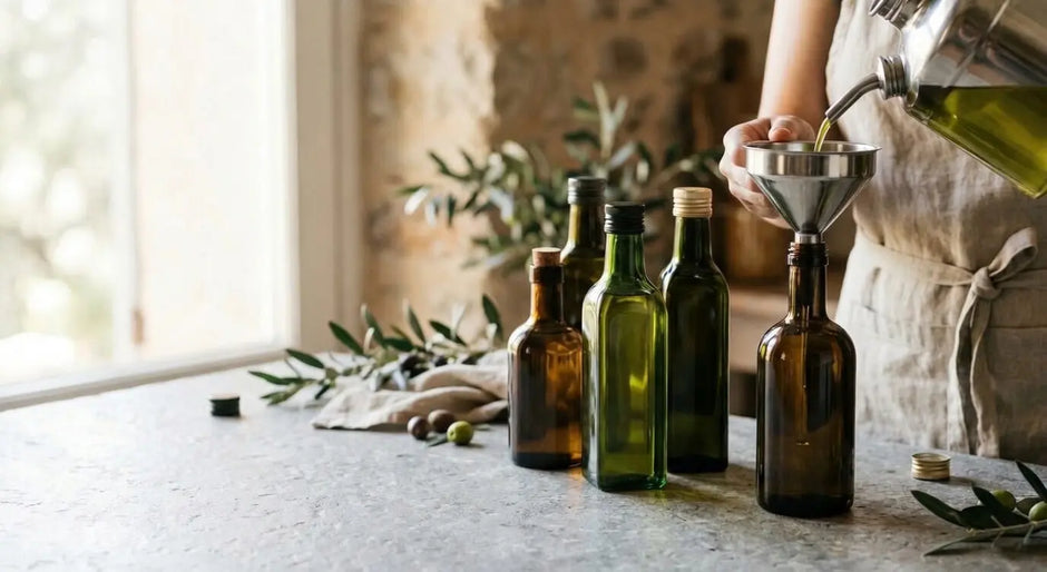 Pouring extra virgin olive oil into dark glass bottles with a funnel
