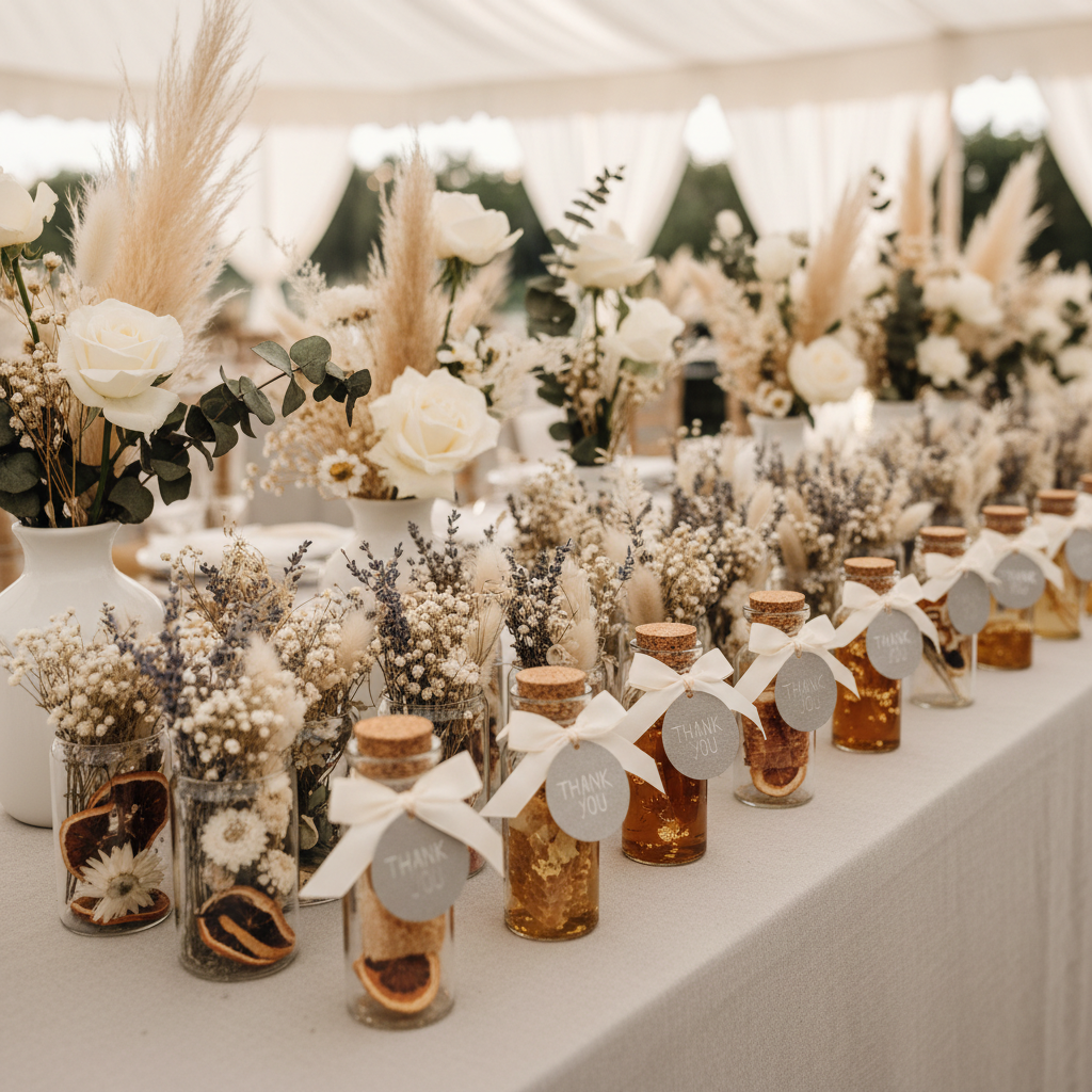 Elegant glass wedding favors with dried flowers and custom tags for ceremonies and special events.