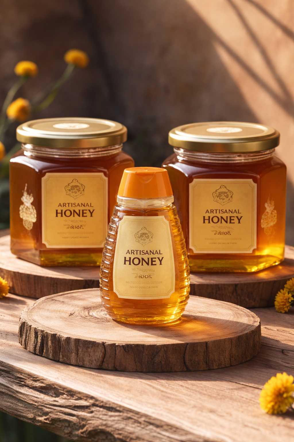 Three hexagonal glass jars for honey and a plastic squeeze bottle displayed on a wooden pedestal.