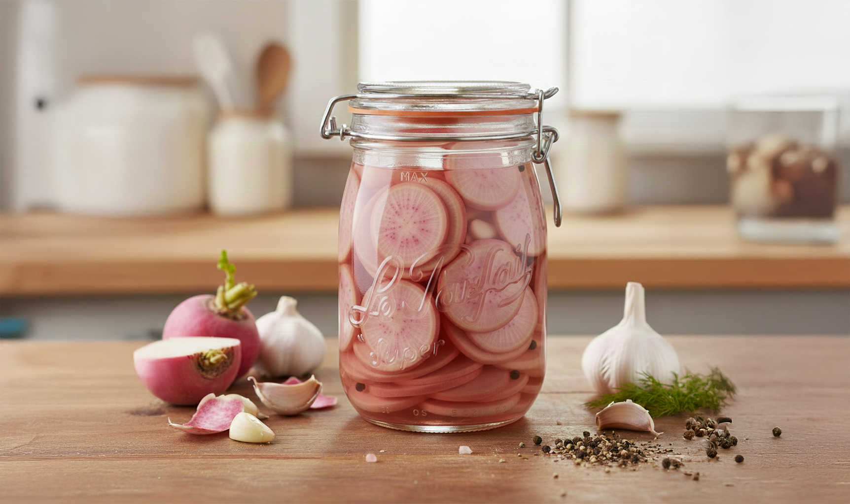 Glass jar filled with sliced pickled radishes on a wooden table.