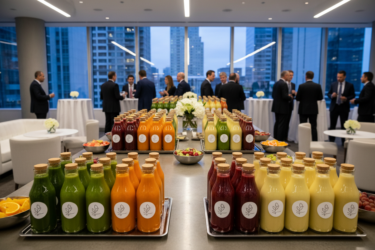 Professional catering beverage station with colorful juices and smoothies in clear glass bottles with white labels.