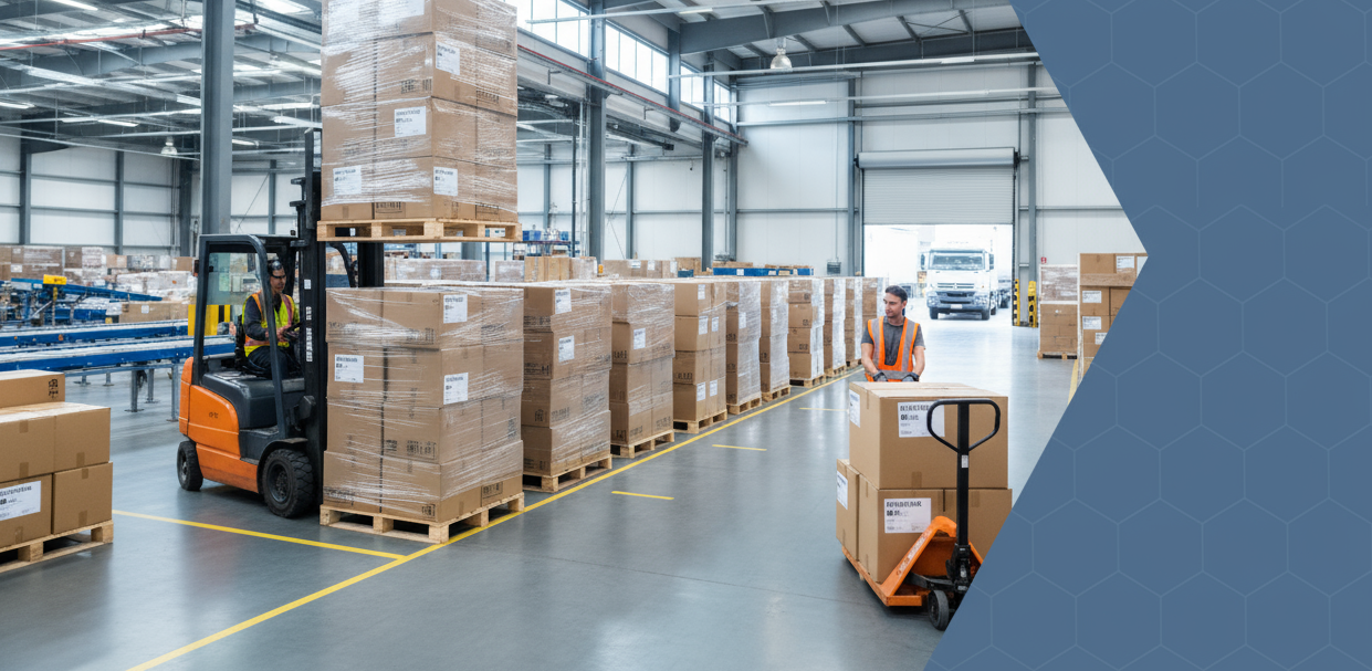 Industrial warehouse with pallets of glass packaging and a forklift, representing wholesale supply and logistics.