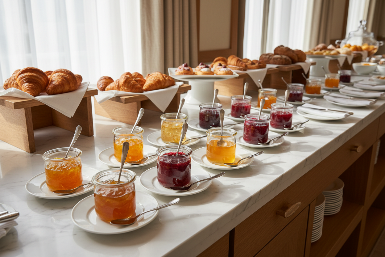 Hotel breakfast buffet display with small glass jars for gourmet jams, honey, and yogurt.